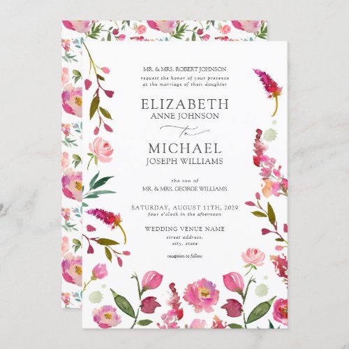 Classic Elegant Pink Watercolor Flowers Wedding Invitation
