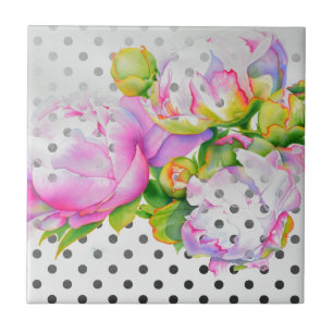 Classic elegant pink white peony floral polkadots ceramic tile