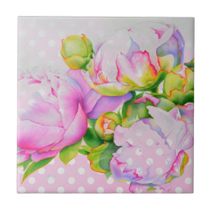 Classic elegant pink white peony floral polkadots ceramic tile