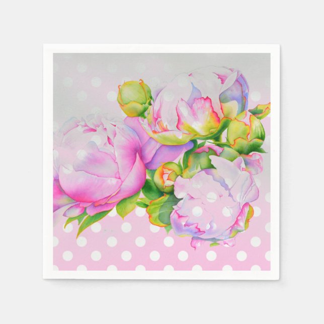 Classic elegant pink white peony floral polkadots paper napkins (Front)