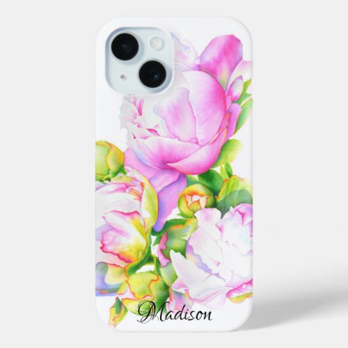 Classic elegant pink white peony floral watercolor iPhone 15 case