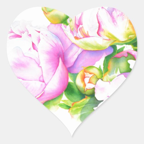 Classic elegant pink white peony floral watercolor heart sticker