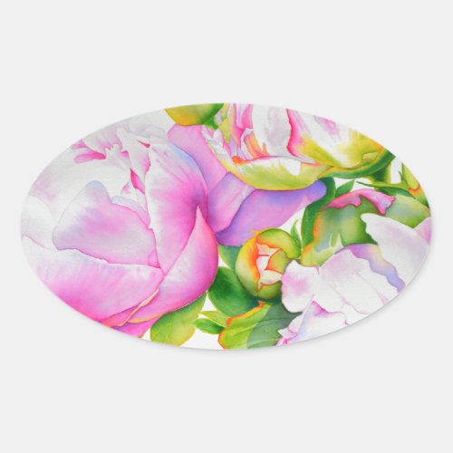 Classic elegant pink white peony floral watercolor oval sticker