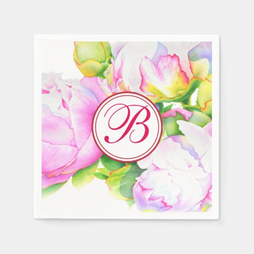 Classic elegant pink white peony floral watercolor paper napkins