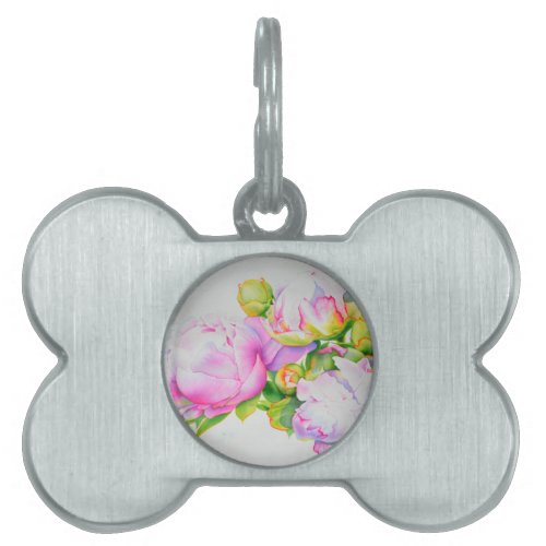 Classic elegant pink white peony floral watercolor pet ID tag
