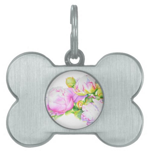 Classic elegant pink white peony floral watercolor pet name tag