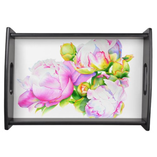 Classic elegant pink white peony floral watercolor serving tray