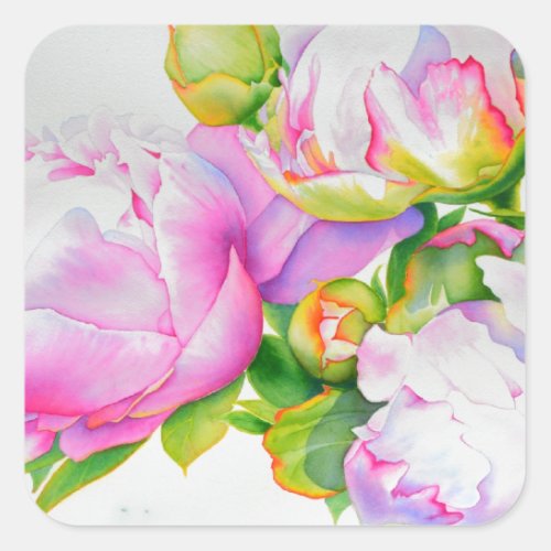 Classic elegant pink white peony floral watercolor square sticker