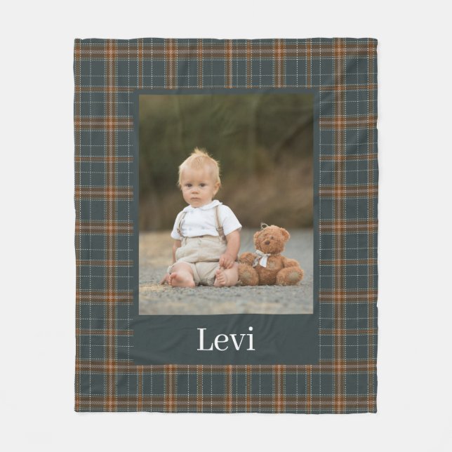Classic Elegant Plaid Pattern Custom Photo & Name Fleece Blanket (Front)
