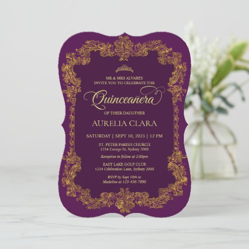 Classic Elegant Purple Gold Tiara Quinceanera Invitation