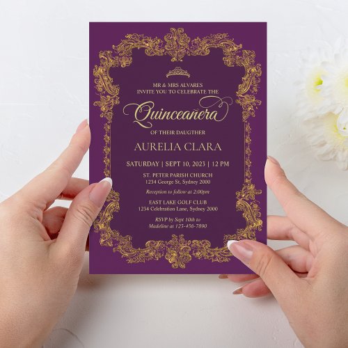 Classic Elegant Purple Gold Tiara Quinceanera Invitation