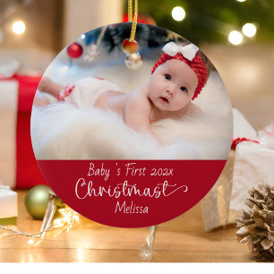 Classic Elegant Red Baby's First Christmas Photo Ceramic Ornament