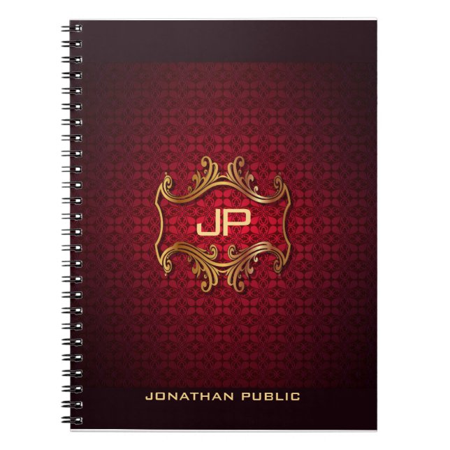 Classic Elegant Red Damask Monogram Template Notebook (Front)