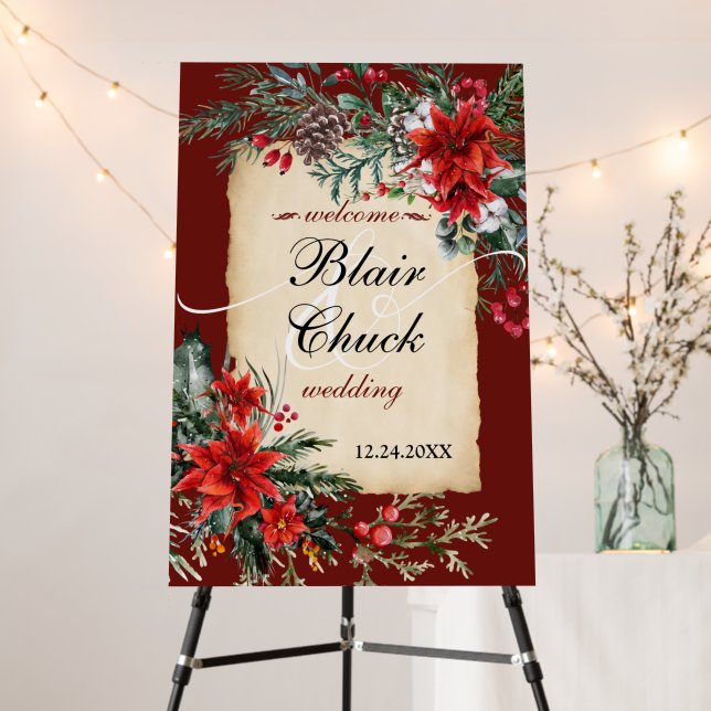 Classic elegant red floral branch WELCOME wedding Foam Board (In Situ (Stand))