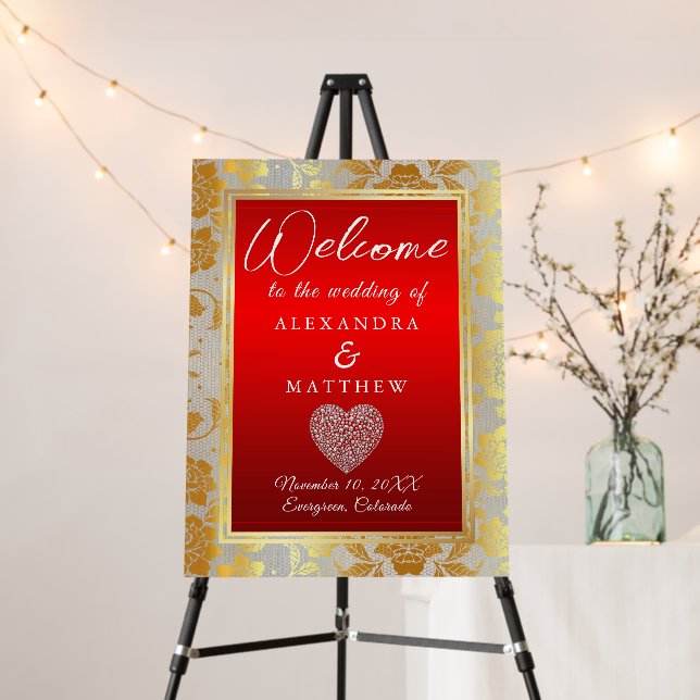 Classic Elegant Red & Gold Wedding Welcome  Foam Board (In Situ (Stand))