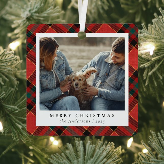 Classic Elegant Red & Green Christmas Couple Photo Metal Ornament (Insitu)