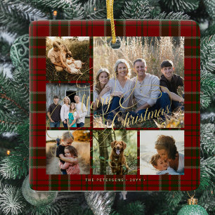 Classic elegant red green plaid 6 photo collage ceramic ornament