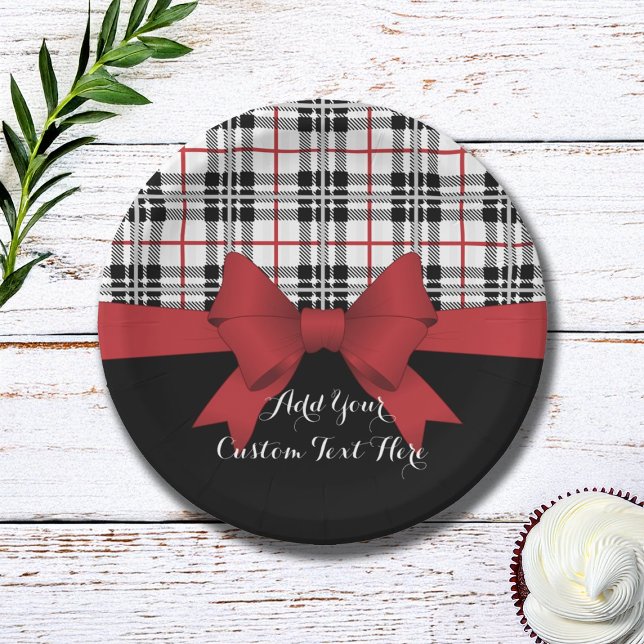 Classic Elegant Red Ribbon and Tartan Plaid Paper Plates (Creator Uploaded)