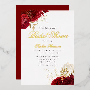 Classic Elegant Red Rose Bridal Shower Golden Foil Invitation