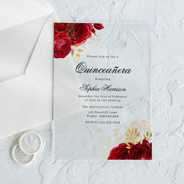 Classic Elegant Red Rose & Gold Quinceanera Acrylic Invitations (Creator Uploaded)