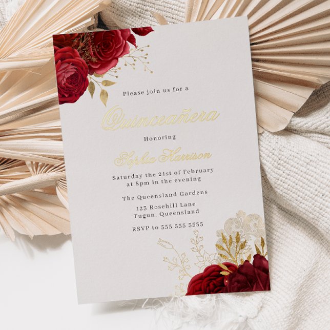 Classic Elegant Red Rose & Gold Quinceanera Golden Foil Invitation (Creator Uploaded)