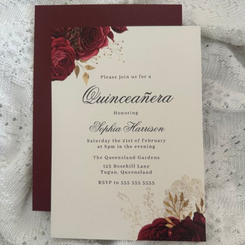 Classic Elegant Red Rose  Gold Quinceanera Invitation
