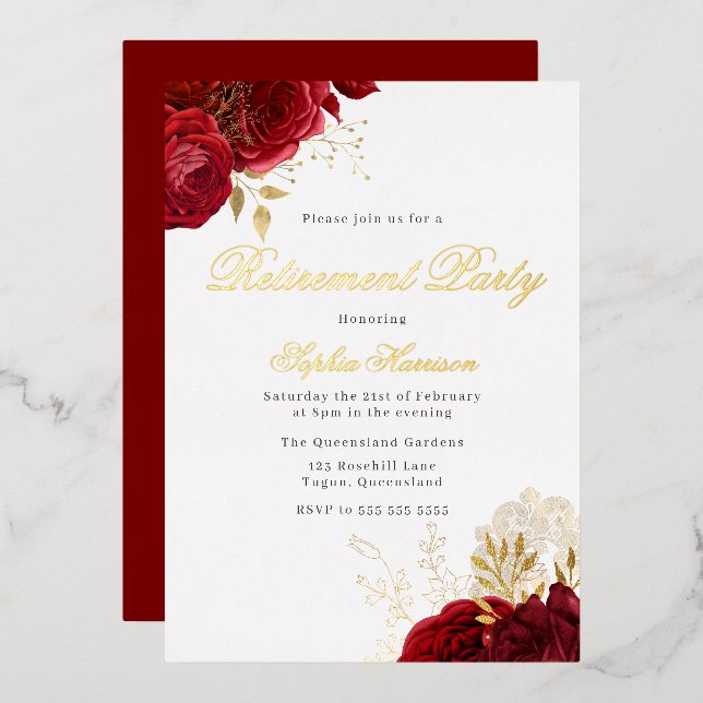 Classic Elegant Red Rose Retirement Party Golden Foil Invitation (Front/Back)