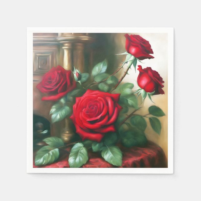 Classic Elegant Red Roses Art Napkins (Front)
