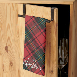 Classic Elegant Red Tartan Merry Christmas Script Kitchen Towel