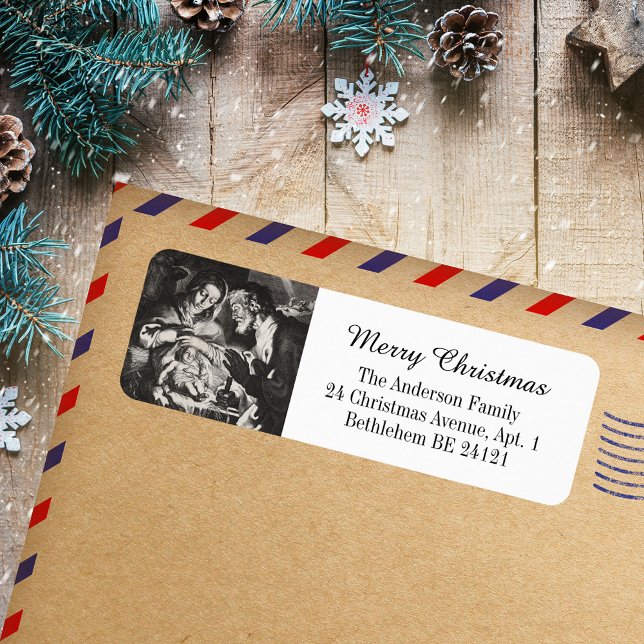 Classic Elegant Religious Christian Holy Christmas Label (Classic Elegant Black and White Religious Christian Catholic Christmas Holiday Return Address Label)