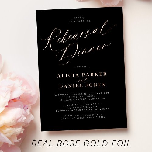 Classic elegant rose gold foil rehearsal dinner foil invitation