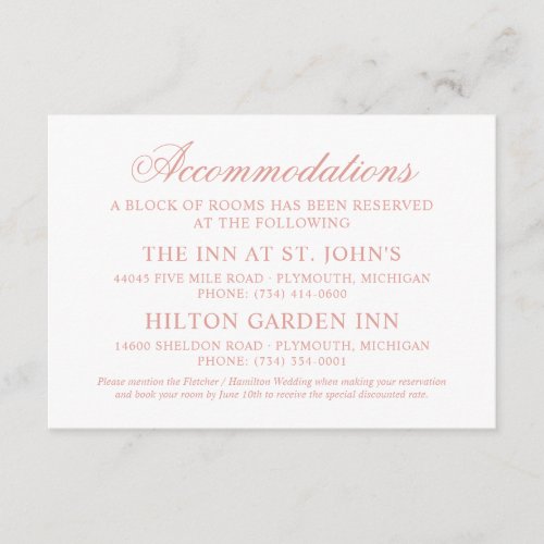 Classic Elegant Rose Gold Wedding Accommodations Enclosure Card