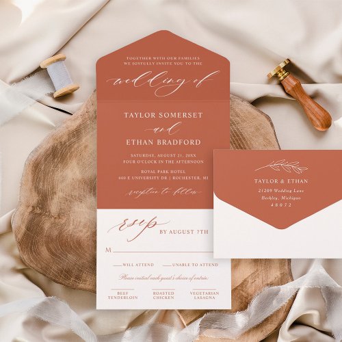 Classic Elegant Rust Orange Wedding All In One Invitation