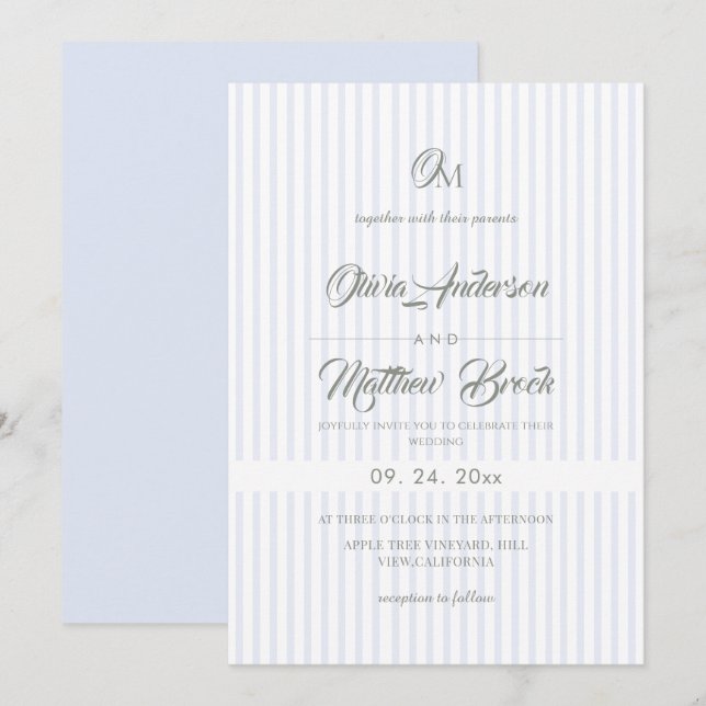 Classic Elegant Sage & Blue Stripe Wedding Invitation (Front/Back)