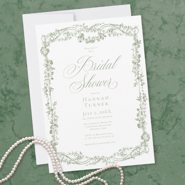 Classic Elegant Sage Floral Frame Bridal Shower Invitation (Classic Elegant Sage Floral Frame Bridal Shower Invitation)