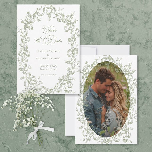 Classic Elegant Sage Floral Ribbon Photo Wedding Save The Date (Classic Elegant Sage Floral Ribbon Photo Wedding Save The Date)