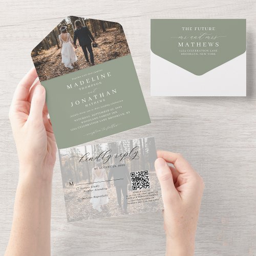 Classic Elegant Sage Green 2 Photo QR Code Wedding All In One Invitation