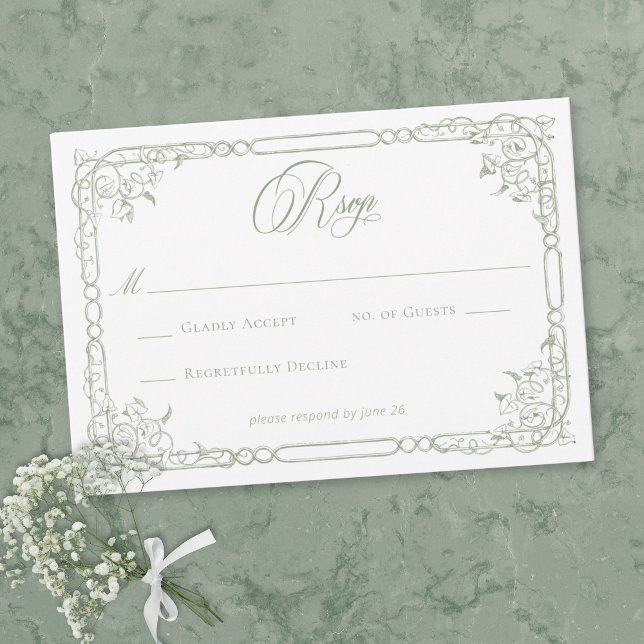 Classic Elegant Sage Green Floral Frame Wedding RSVP Card (Classic Elegant Sage Green Floral Frame Wedding RSVP Card)
