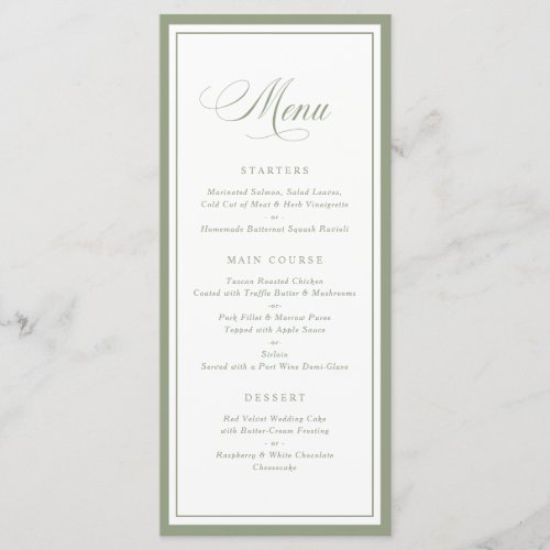 Classic Elegant Sage Green Frame Wedding Menu