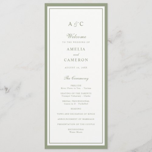 Classic Elegant Sage Green Frame Wedding Program