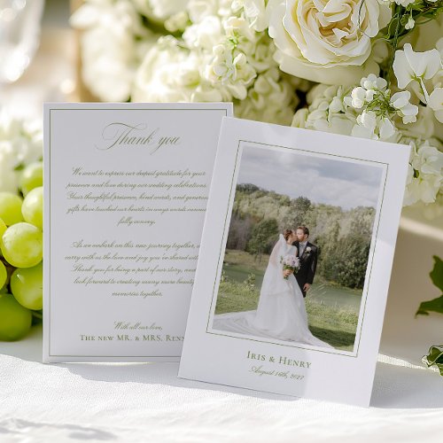 Classic Elegant Sage Green Wedding Photo Thank You Card