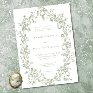 Classic Elegant Sage Oval Ribbon Frame Wedding Invitation