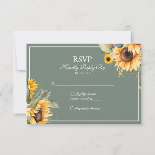 Classic Elegant Sage Watercolor Sunflower Wedding RSVP Card