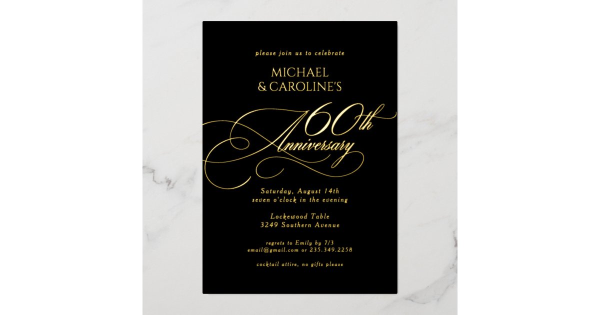 Classic Elegant Script 60th Wedding Anniversary Foil Invitation | Zazzle
