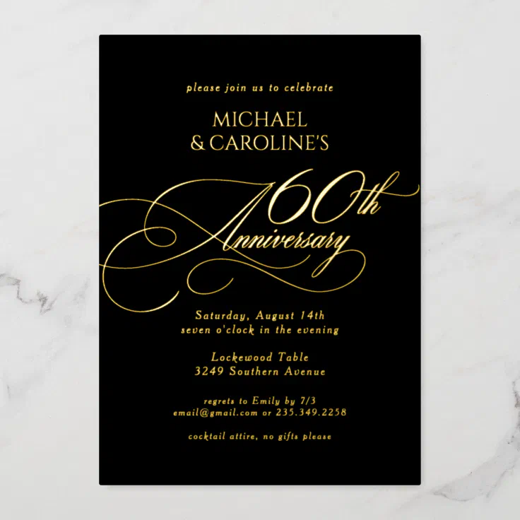 Classic Elegant Script 60th Wedding Anniversary Foil Invitation | Zazzle