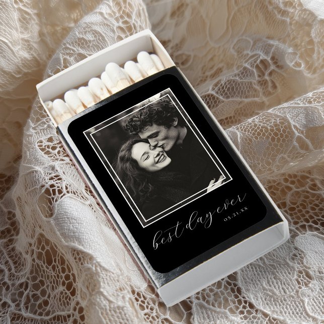 Classic Elegant Script Best Day Ever Photo Wedding Matchboxes (Creator Uploaded)
