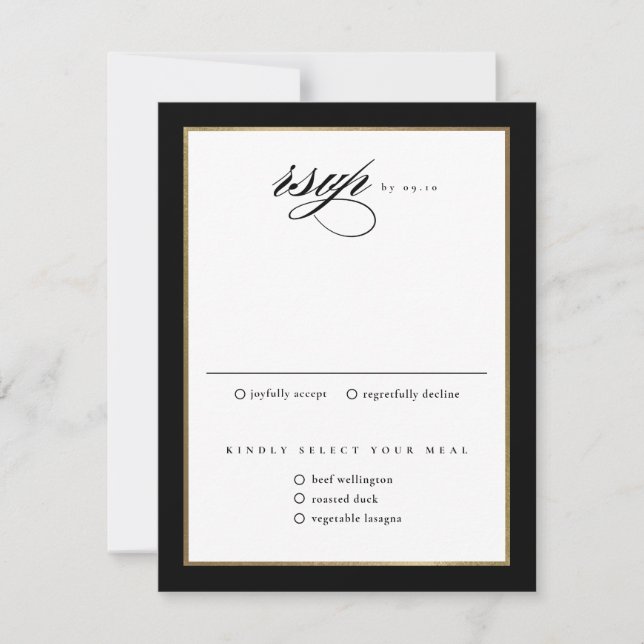 Classic Elegant Script Black and Gold Wedding  RSVP Card (Front)