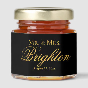Classic Elegant Script Black Gold Wedding Honey Jar Favors