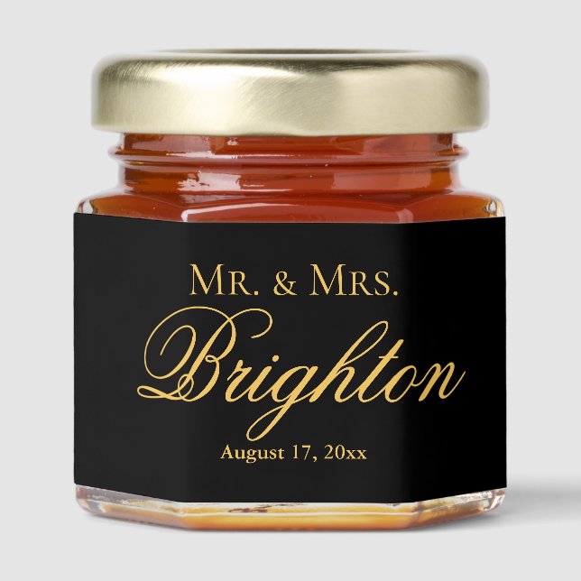 Classic Elegant Script Black Gold Wedding Honey Jar Favors (Front)