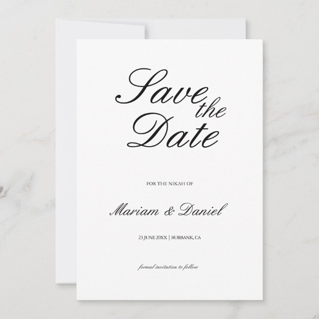 Classic Elegant Script Black White Islamic Wedding Save The Date (Front)
